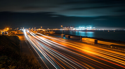 A time-lapse effect of a container port at night with light trails from moving cranes and trucks.