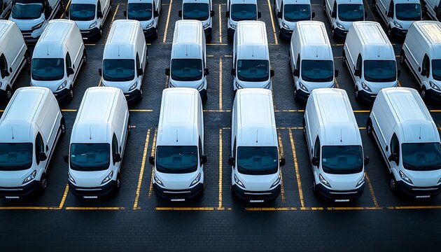 Rows of parked white vans,  industrial parking lot