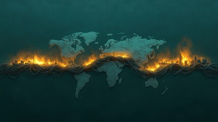 World map depicted with fire and destruction representing climate change and environmental crises