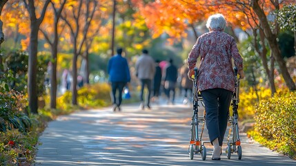 Elderly woman walking in park with walker, autumn foliage background, pleasant fall day, possible use stock photo for senior citizens