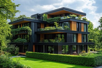 Obraz premium Modern residential structure featuring black concrete and wooden accents, surrounded by lush greenery and a manicured lawn in a peaceful setting