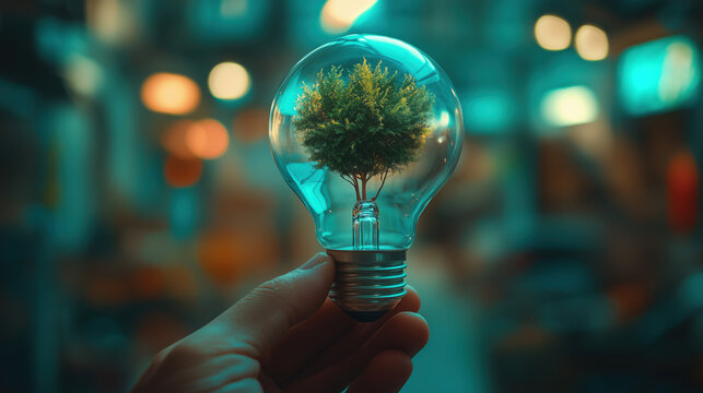 Hand Holding a Light Bulb with a Green Tree Inside, Representing the Concept of Sustainable Energy and Environmental Protection, Set Against a CITY EDIFICIOS Background, Featuring Ample Copy Space