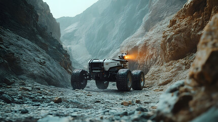 A futuristic Martian rover exploring a deep canyon scanning the terrain with laser beams and collecting samples.