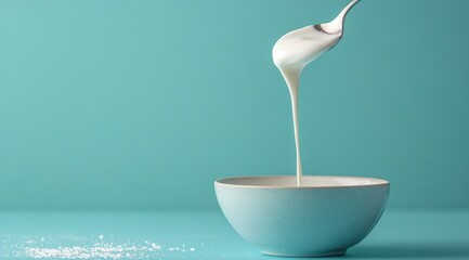 A spoonful of smooth white cream elegantly pours into a soft blue bowl set against a vibrant teal backdrop, creating a visually appealing moment