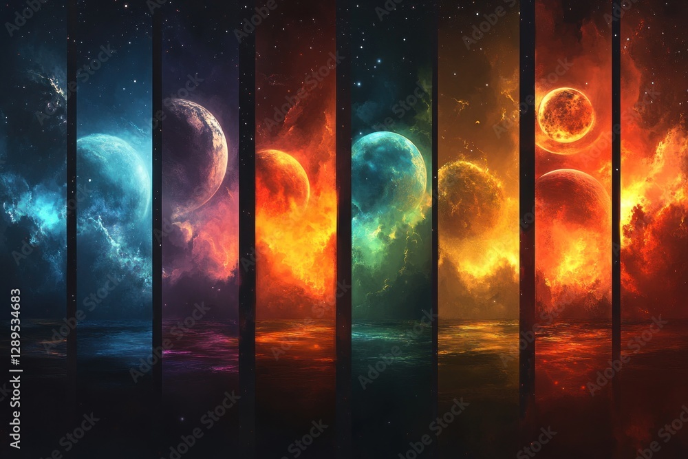 Aufkleber a vertical row showcases various planets, each displaying unique colors, creating a captivating cosm