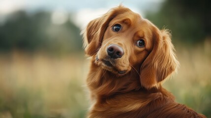 Obraz premium Golden retriever in a field with curious expression