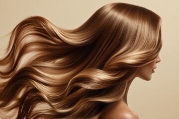 Fototapeta premium A woman with long silky hair gracefully flips her hair, capturing the beauty of movement against a neutral backdrop, emphasizing elegance and style