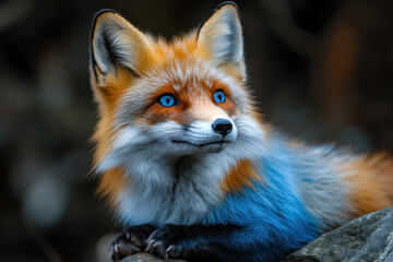 Fototapeta premium a fox with an unusual appearance. It has bright red fur, a white muzzle and black paws, but the most remarkable thing is its mesmerizing blue eyes and fur with a blue tint on its chest and sides. 