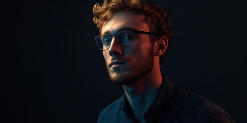 Fototapeta premium Stylish Young Man with Glasses in Dramatic Lighting Portrait