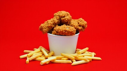 Crispy Fried Chicken Feast with Golden French Fries on Vibrant Red Background
