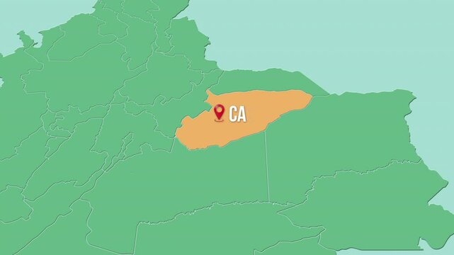 Mapa de Colombia con divisi&oacute;n pol&iacute;tica resaltando el estado Casanare.