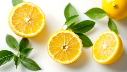 Bright yellow lemons, Fresh citrus fruit, Vibrant green leaves, White background