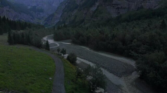 Le Giffre River in Sixt Fer A Cheval Nature Park, Summer Morning Walk in Nature park, french alps, France, 4k drone video