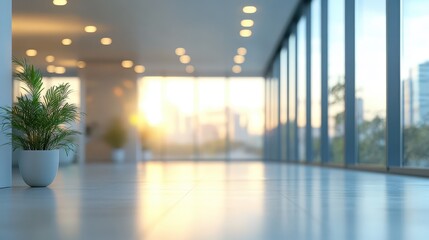 Fototapeta premium Modern bright office lobby with large windows and indoor plant at sunrise