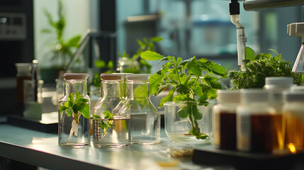 Botanical laboratory research with organic specimens under scientific analysis