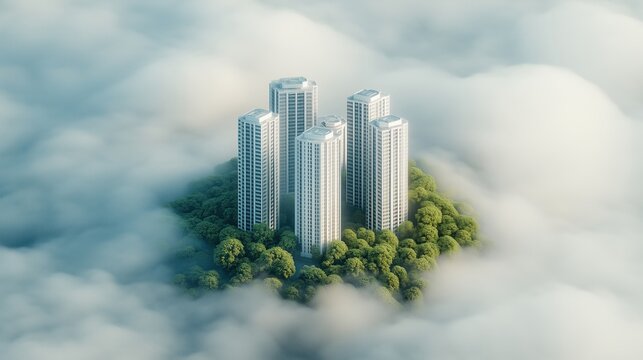 Modern skyscrapers emerge from clouds surrounded by lush greenery in a serene landscape
