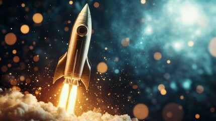 Rocket launching into space; futuristic, vibrant launch