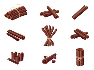 Cartoon isolated cinnamon sticks. Tasty spices for dessert, baking, coffee. Organic herbal bunches of cinnamon. Nowaday raw cooking vector ingredients