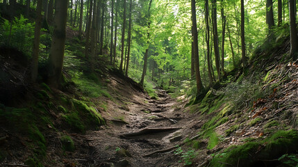 Fototapeta premium Challenging terrain in unmaintained woodland areas