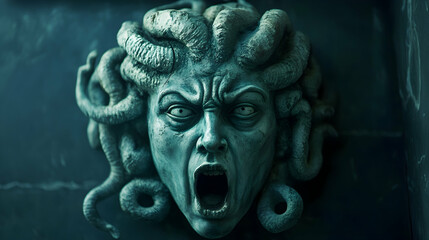 Fototapeta premium Classic depiction of the head of the Gorgon Medusa from ancient mythology, a gloomy awesome look horror fright