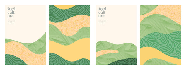 Agriculture with field of corn rice wheat and tea. Eco-friendly brochure, abstract vector design. Organic farmland, rural landscape, green background. Agro poster, template for environmental promotion