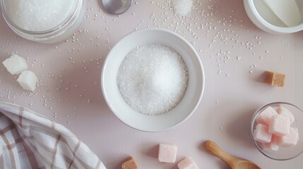 Assorted sugar cubes and granulated sugar in bowls on a light pink background, featuring wooden spoons.