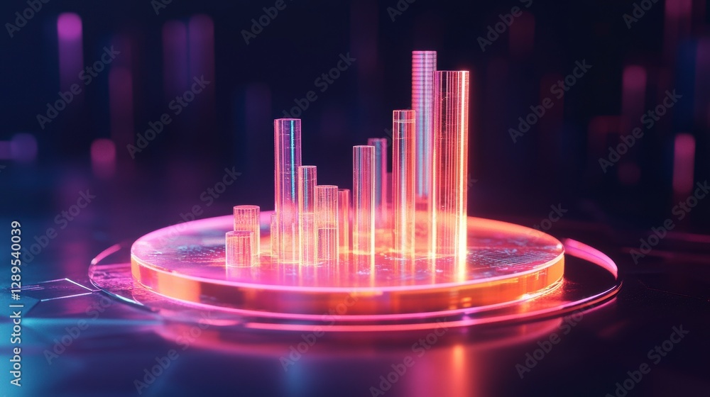 Poster abstract neon cityscape graphic, futuristic presentation, data visualization, possible use in tech p
