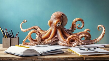 An octopus integrates seamlessly into a productive office environment, surrounded by documents, highlighting adaptability and creative problem-solving abilities.