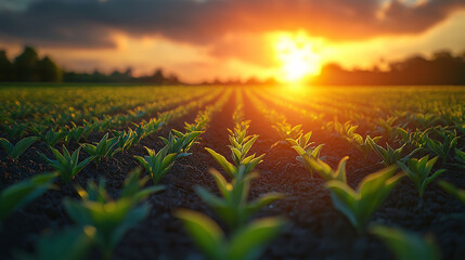 Sunset over Young Crops in Agricultural Field