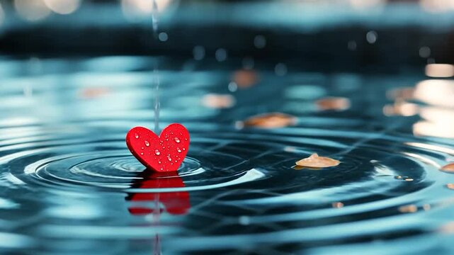 Red heart floats on water, autumn leaves background - Powered by Adobe
