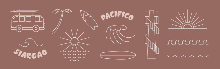 Simple line surf, ocean elements about freedon, siargao, island life, vibe. Icons for surfing camp merch, t hirt, stickers vector design