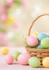 Naklejka premium Easter eggs in wicker basket with blurred pastel background. Spring holiday celebration concept. Colorful decorated eggs for traditional festivity with copy space.