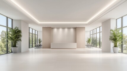 Fototapeta premium Spacious modern reception area with natural light and greenery in a contemporary office setting