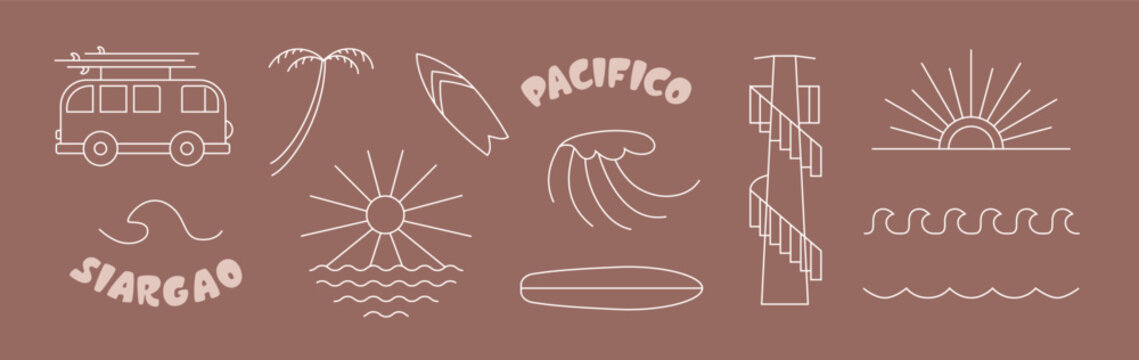 Simple line surf, ocean elements about freedon, siargao, island life, vibe. Icons for surfing camp merch, t hirt, stickers vector design