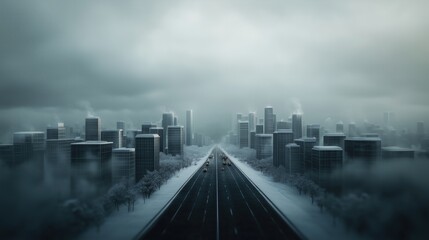 Fototapeta premium City skyline shrouded in fog and snow with a deserted highway ahead during a cold winter morning