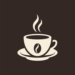 Obraz premium Steaming coffee cup with bean symbol on saucer. Simple brown and beige vector silhouette.