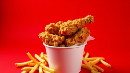 Crispy Fried Chicken Feast with Golden French Fries on Vibrant Red Background