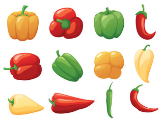 Cartoon bell peppers. Isolated fresh pepper, green yellow red paprika harvest. Organic vegetables, raw ingredients for cooking and salad, nowaday vector set