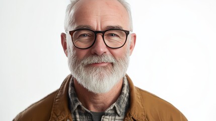 Obraz premium Portrait of a Smiling Elderly Man with Glasses and a Beard Against a Neutral Background