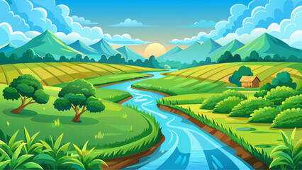 Fototapeta premium Lush green fields and a serene waterway under a clear blue sky.
