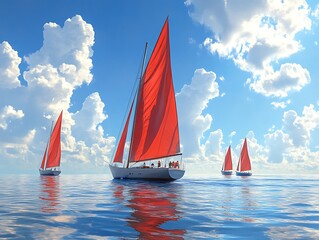 Sailing yachts with red sails on a sunny day