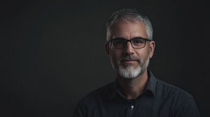 Obraz premium Confident Middle-Aged Man with Glasses in a Dark Studio Setting