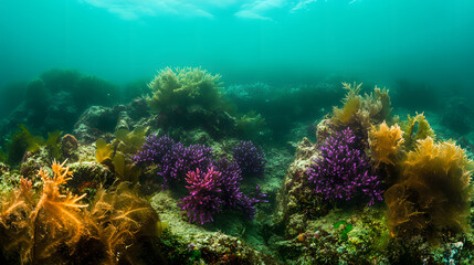 Fototapeta premium A vivid underwater landscape with multi-colored coral formations in shades of green purple and blue.