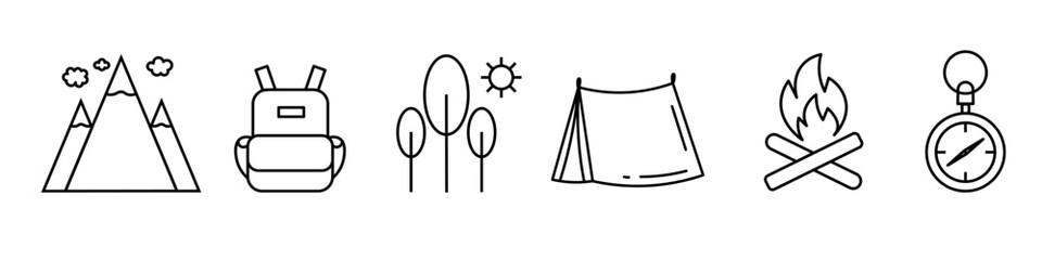 Linear camping icons.
Set of thin contour icons of camping, services. Vector illustration.