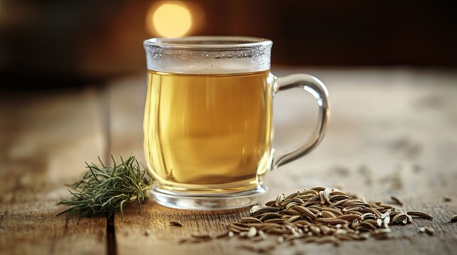 A transparent glass cup filled with a light beverage, placed on a wooden table next to a pile of seeds and fresh herbs