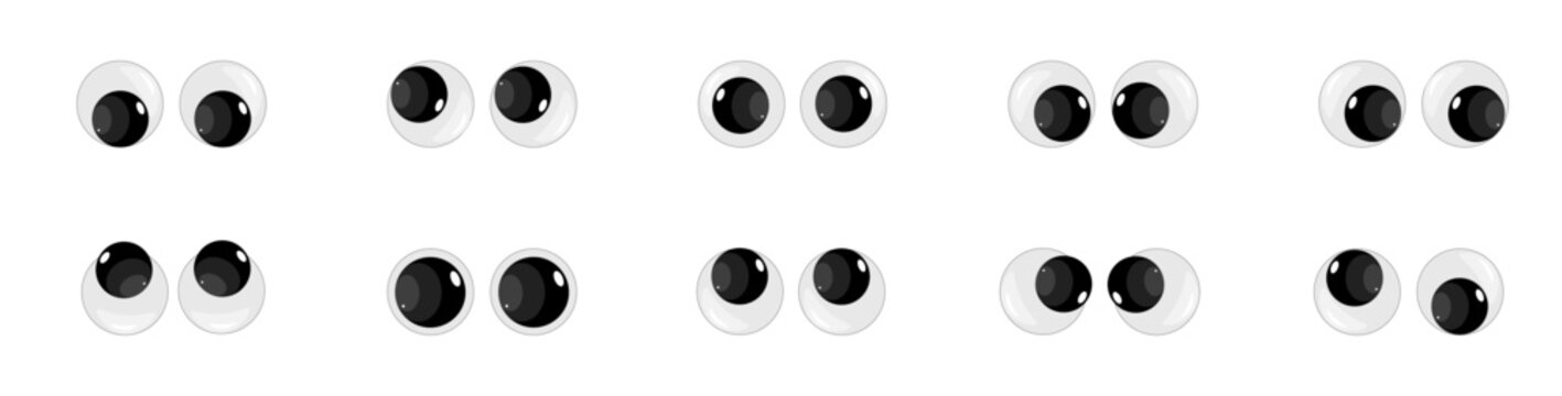 A set of plastic toy eyes. Glossy, bulging, puppet eyes. Cute, round, vector, isolated elements. Look down, up, left, right. Different, shaking, silly, hilarious pairs of eyeballs. Vector illustration