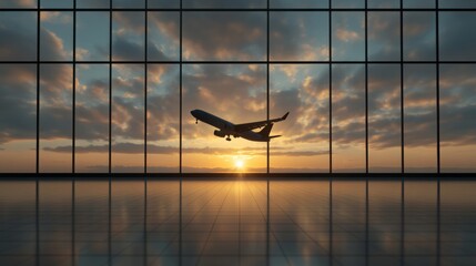 Airplane taking off during sunset at airport