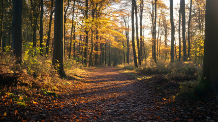 Fototapeta premium Golden hour woodland trails with seasonal leaf coverage