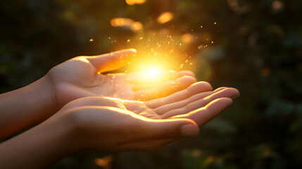Hands cradling a radiant light source in a serene environment evoking hope and spiritual energy