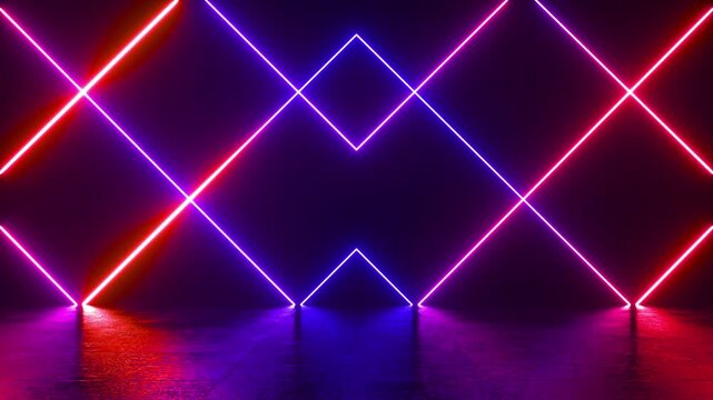 owing neon geometric shapes rotating on reflective black surfaces with copy space in seamless loops.